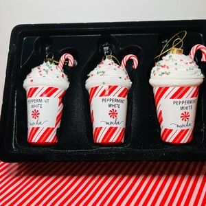 3 Christmas Glass Peppermint White Mocha Coffee Cup Holiday Ornaments Sprinkles